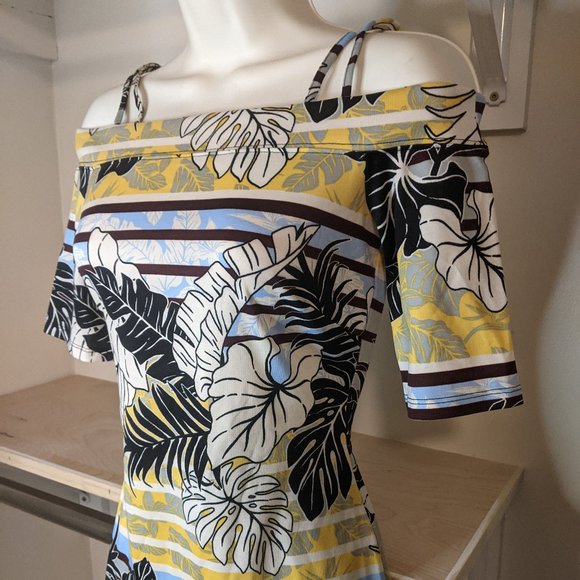 H&M Tropical Monstera Print Bodycon Off the Shoulder Dress - Picture 2 of 2